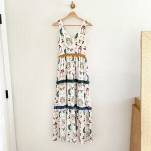 Verandah Chhatri Print Tiered Sleeveless Plunge Neck Maxi Dress White XS